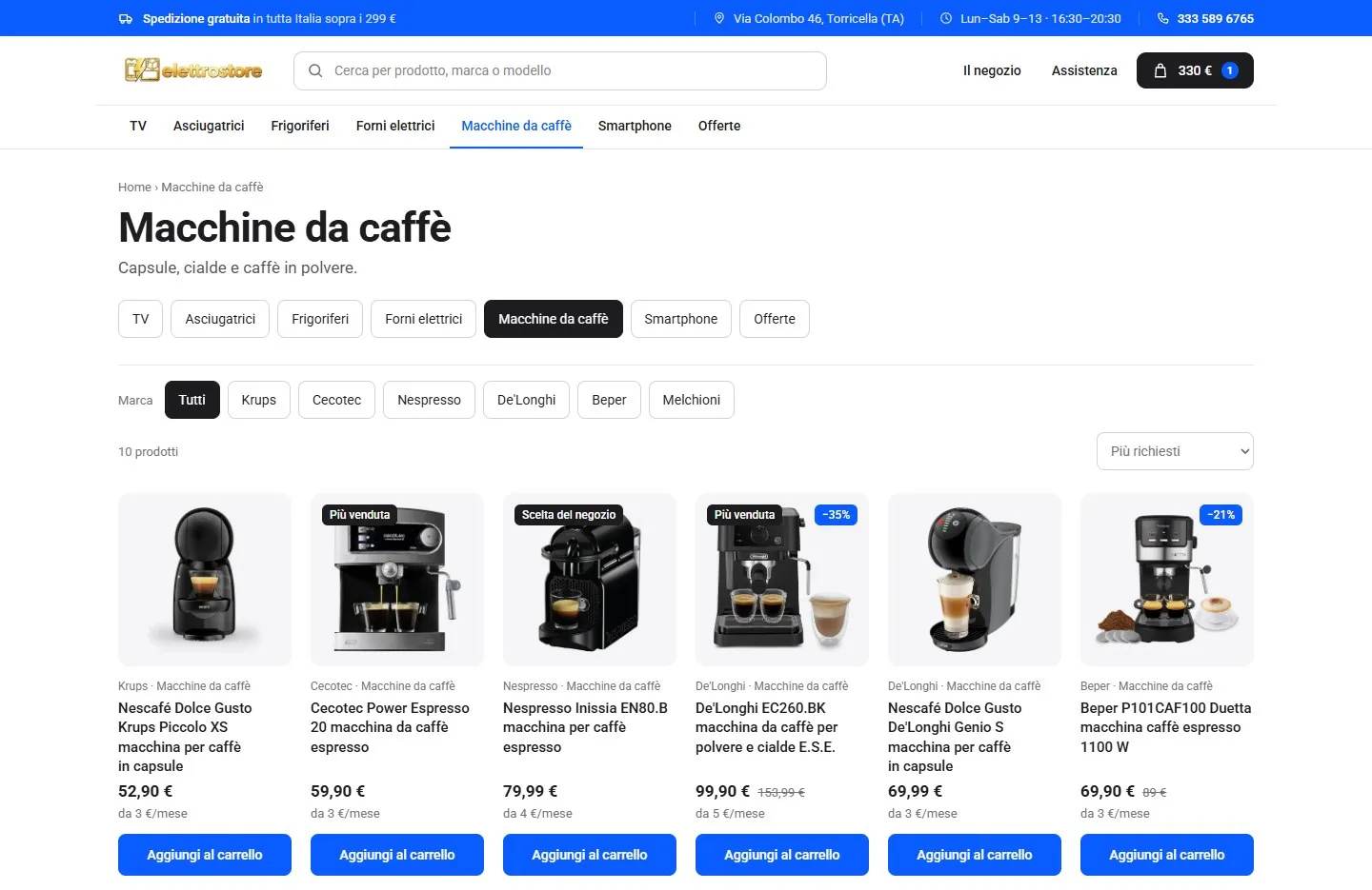 Reparto Macchine da caffè con i bottoni dei reparti, i filtri per marca, il conteggio di dieci prodotti e sei schede con foto, prezzo, rata e pulsante blu Aggiungi al carrello.