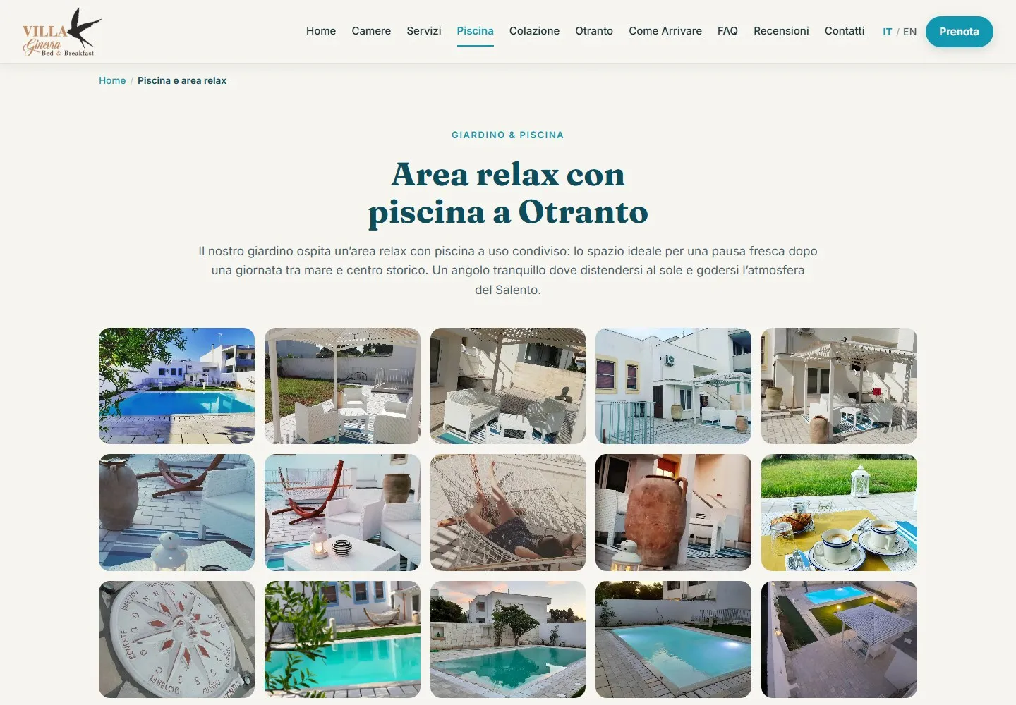 Pagina «Area relax con piscina a Otranto» con il titolo centrato e tre file di foto del giardino, della piscina e delle sedute all'aperto.