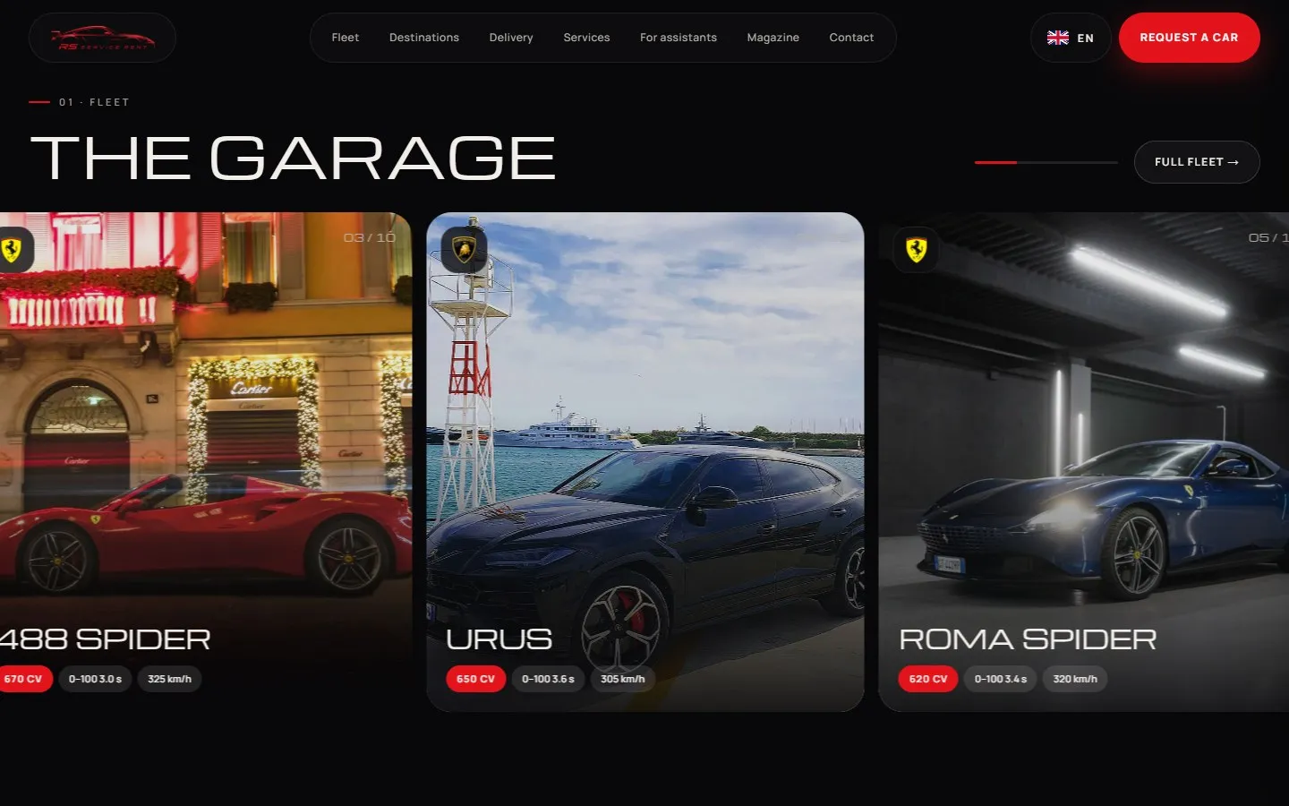 Sezione «The garage» con le carte della 488 Spider, della Urus e della Roma Spider in fila orizzontale, ognuna con potenza e prestazioni.