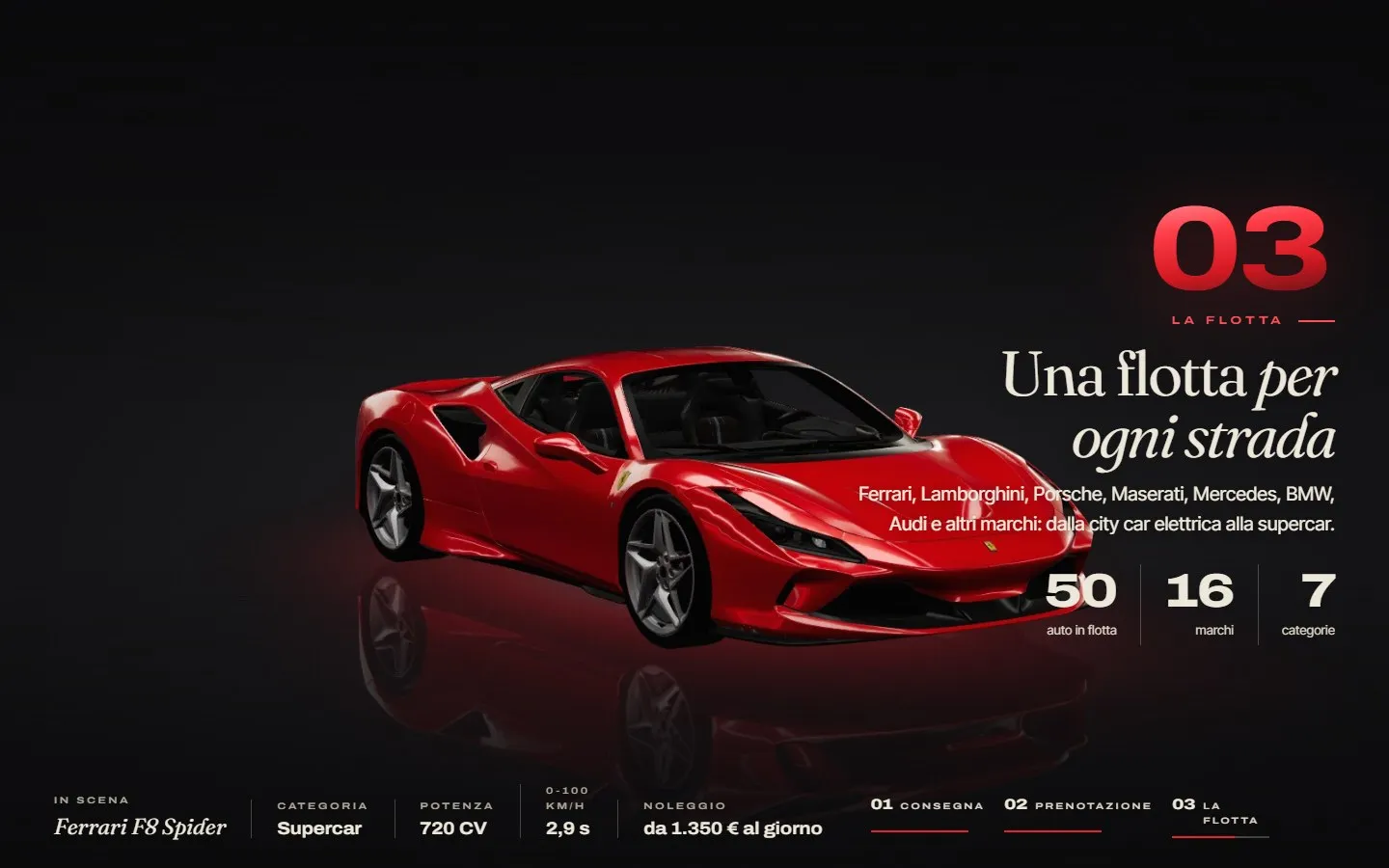 Capitolo «03 La flotta» con la Ferrari F8 Spider in 3D girata di tre quarti, il titolo «Una flotta per ogni strada» e i numeri 50 auto, 16 marchi, 7 categorie.