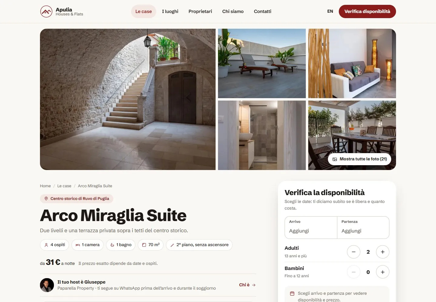 Scheda di Arco Miraglia Suite, con un mosaico di cinque foto, il titolo, i dati della casa, il prezzo da 31 euro a notte e il riquadro Verifica la disponibilità a destra.