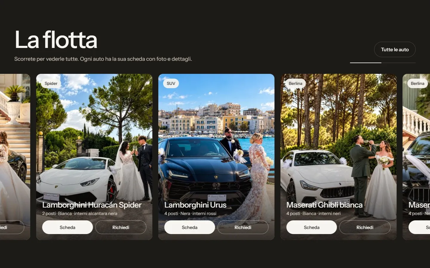 Sezione «La flotta» su fondo scuro con le carte della Lamborghini Huracán Spider, della Lamborghini Urus e della Maserati Ghibli bianca, ognuna fotografata con gli sposi.