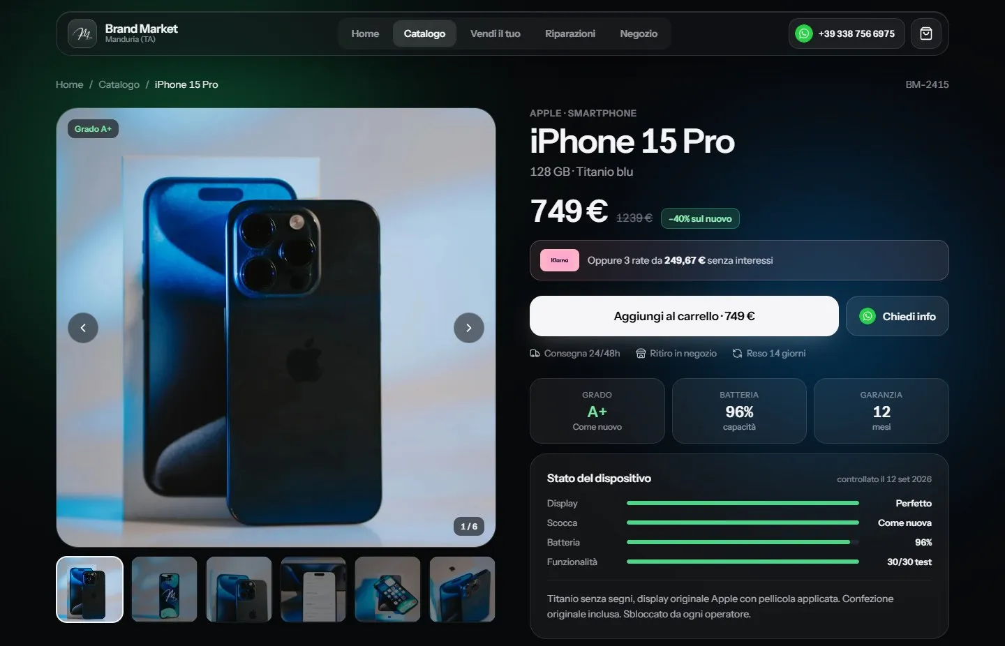 Scheda dell'iPhone 15 Pro con la foto grande, sei miniature, il prezzo di 749 euro, il pulsante Aggiungi al carrello e le barre verdi dello stato del dispositivo.