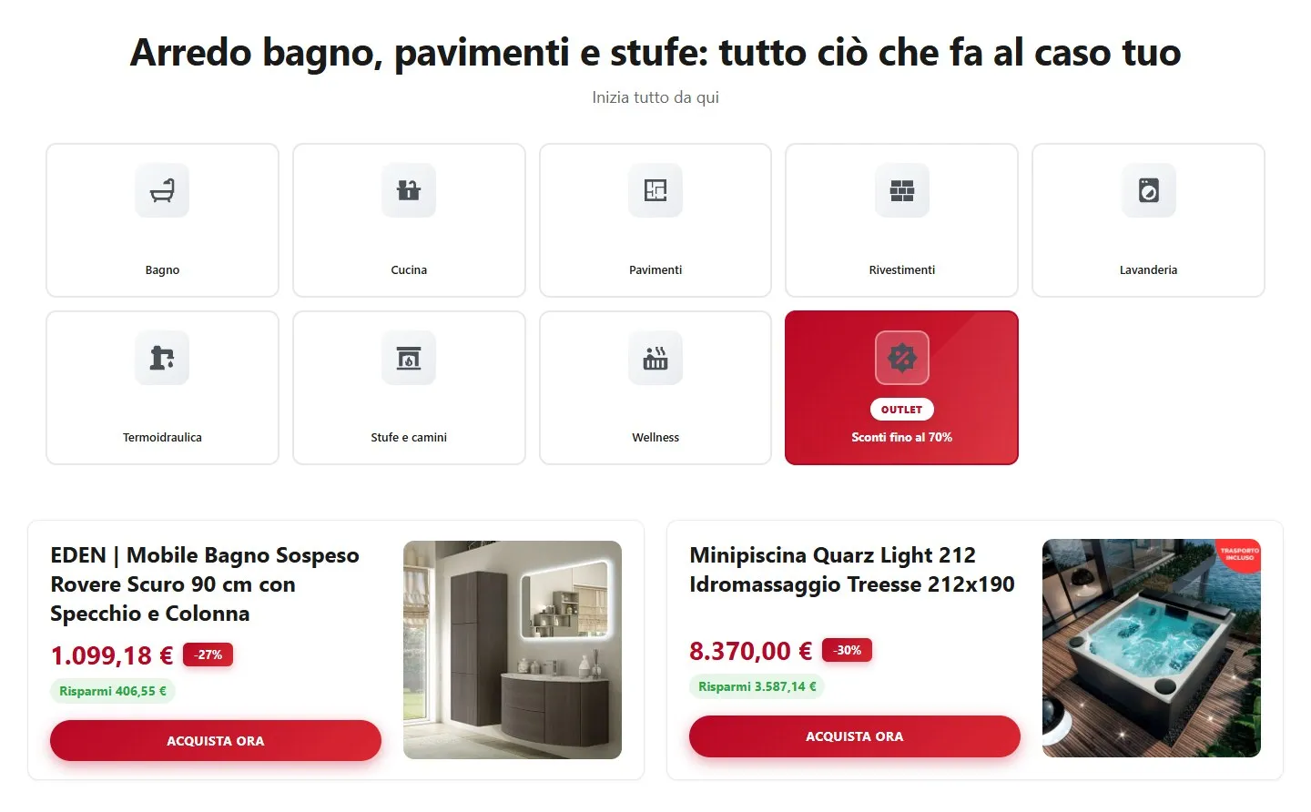 Titolo «Arredo bagno, pavimenti e stufe» con nove tessere dei reparti, fra cui l'Outlet in rosso, e sotto due offerte con foto, prezzo scontato e risparmio in euro.