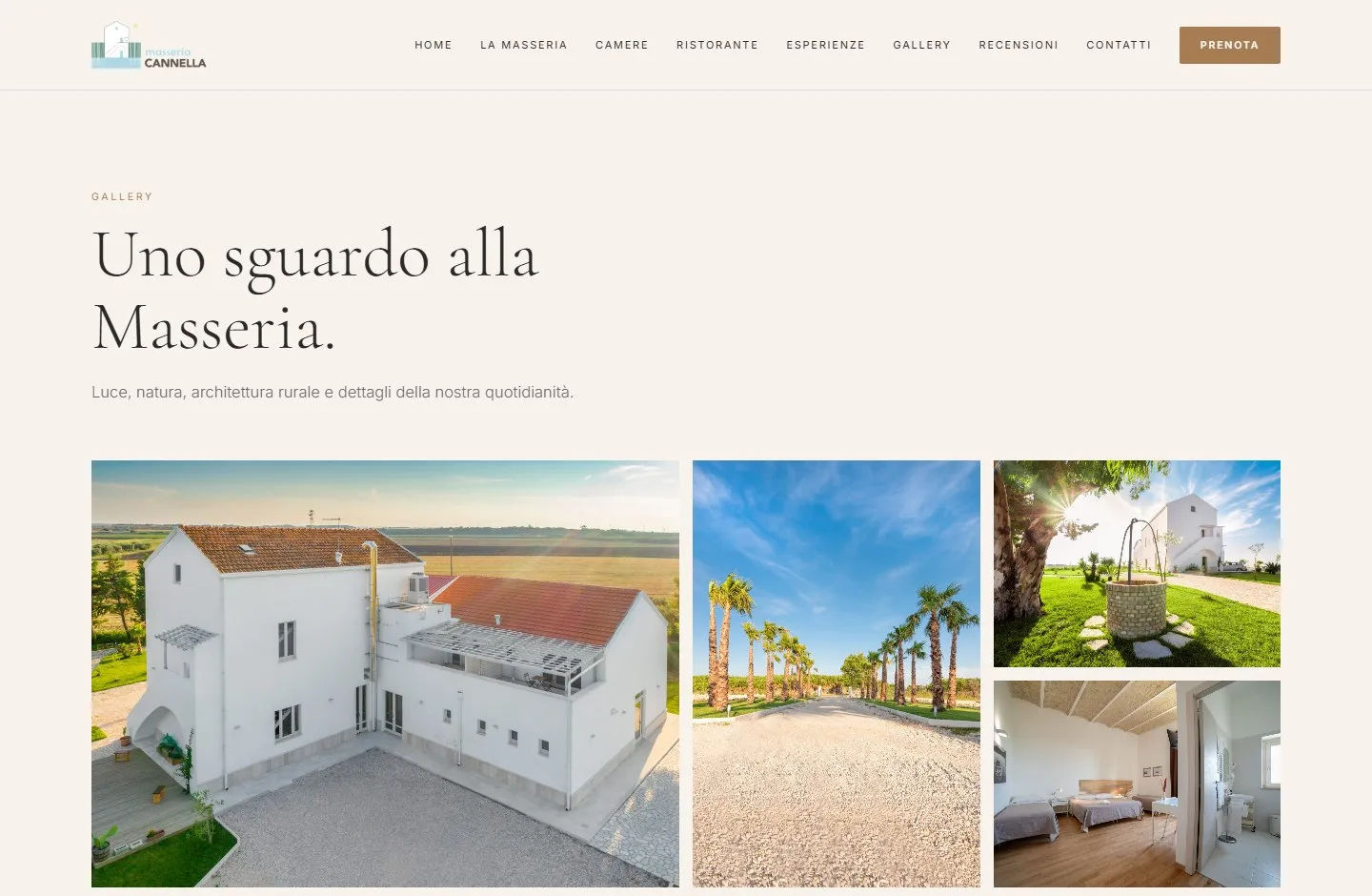 Pagina Gallery con il titolo «Uno sguardo alla Masseria» e un mosaico con la masseria vista dall'alto, il viale di palme, il pozzo e una camera.