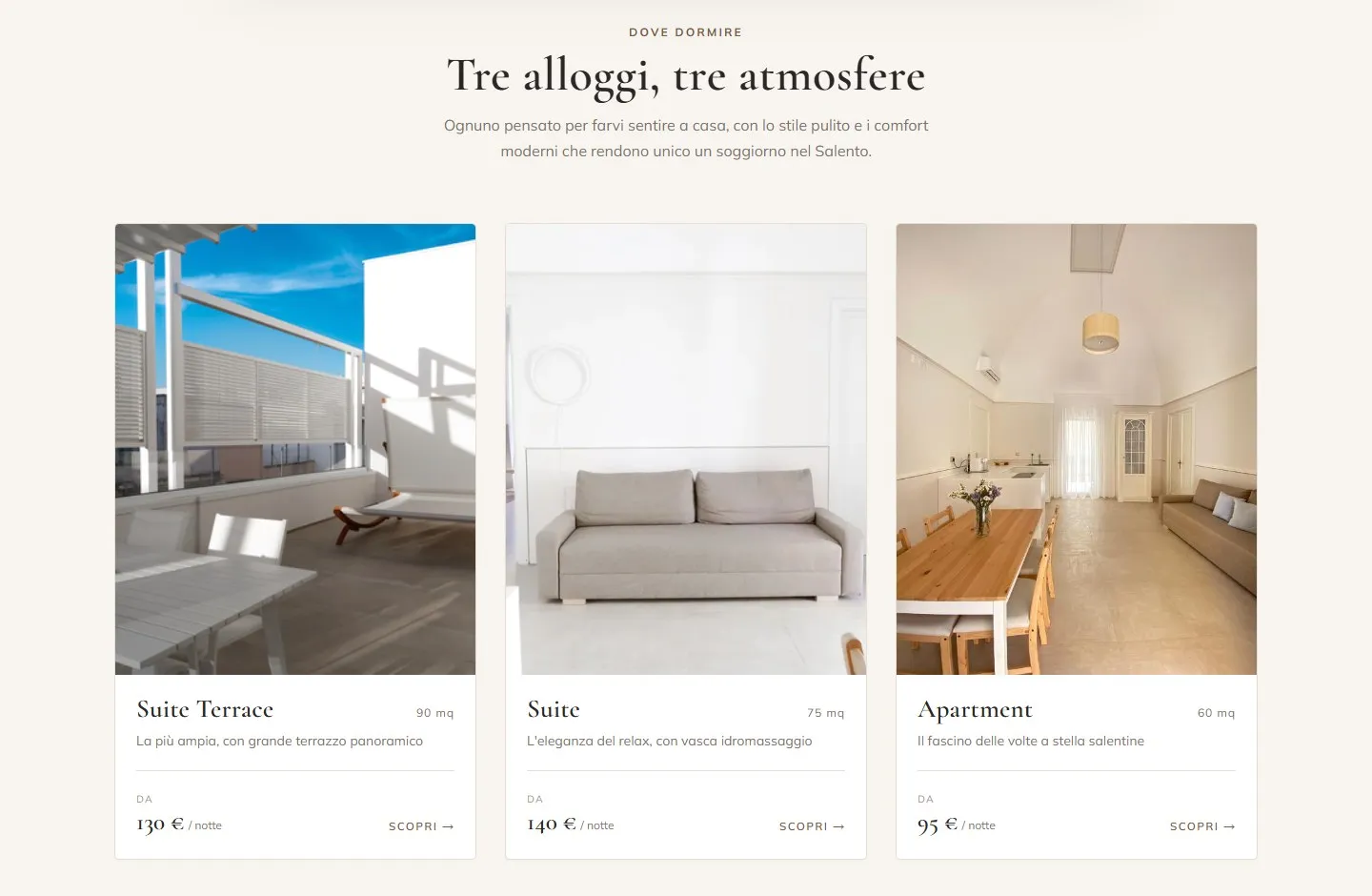 Sezione «Tre alloggi, tre atmosfere» con le schede di Suite Terrace, Suite e Apartment, ognuna con foto verticale, metri quadri e prezzo a notte.