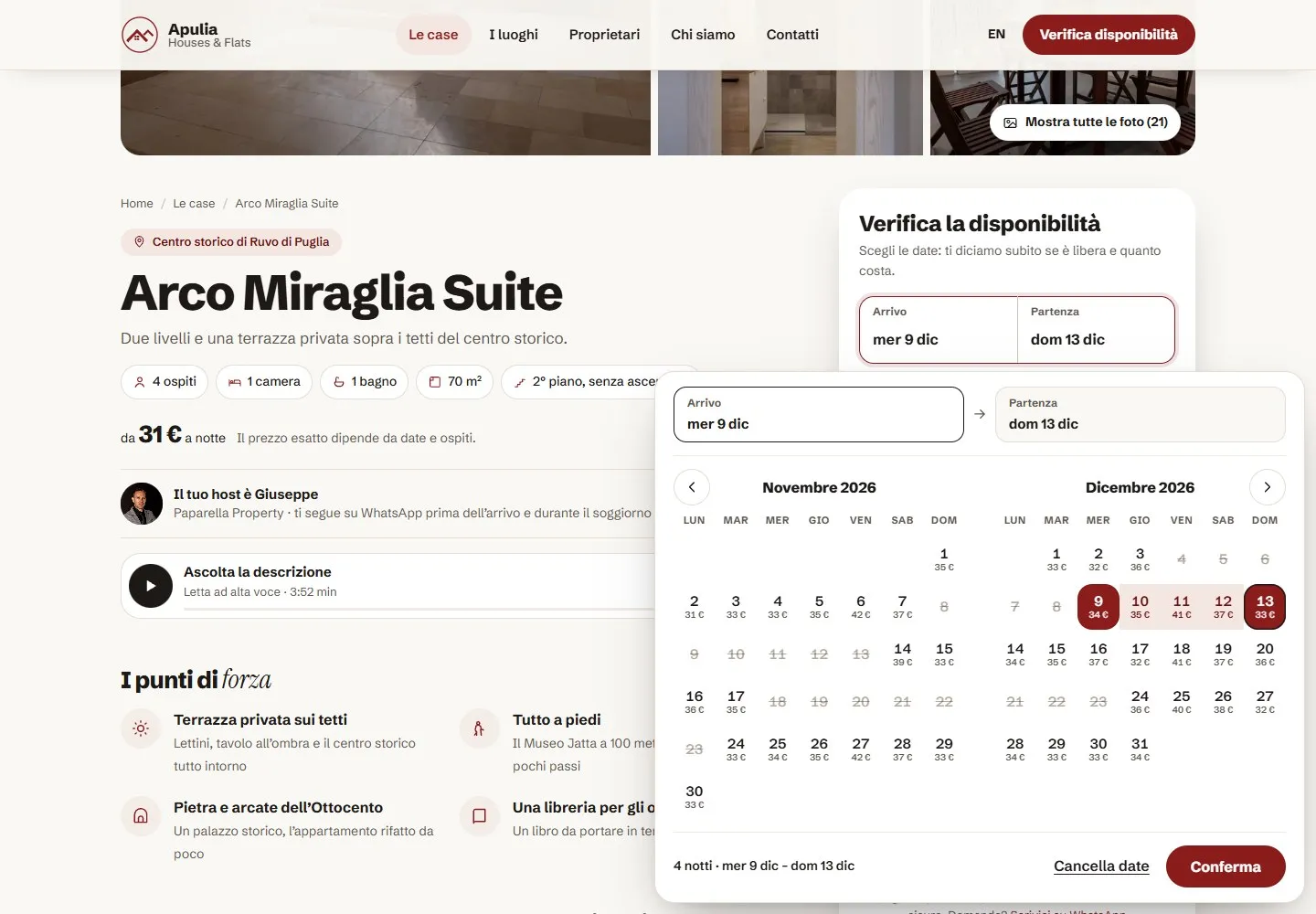 Calendario aperto sulla scheda di Arco Miraglia Suite, con novembre e dicembre, il prezzo sotto ogni giorno, le notti non disponibili barrate e le notti dal 9 al 13 dicembre selezionate.