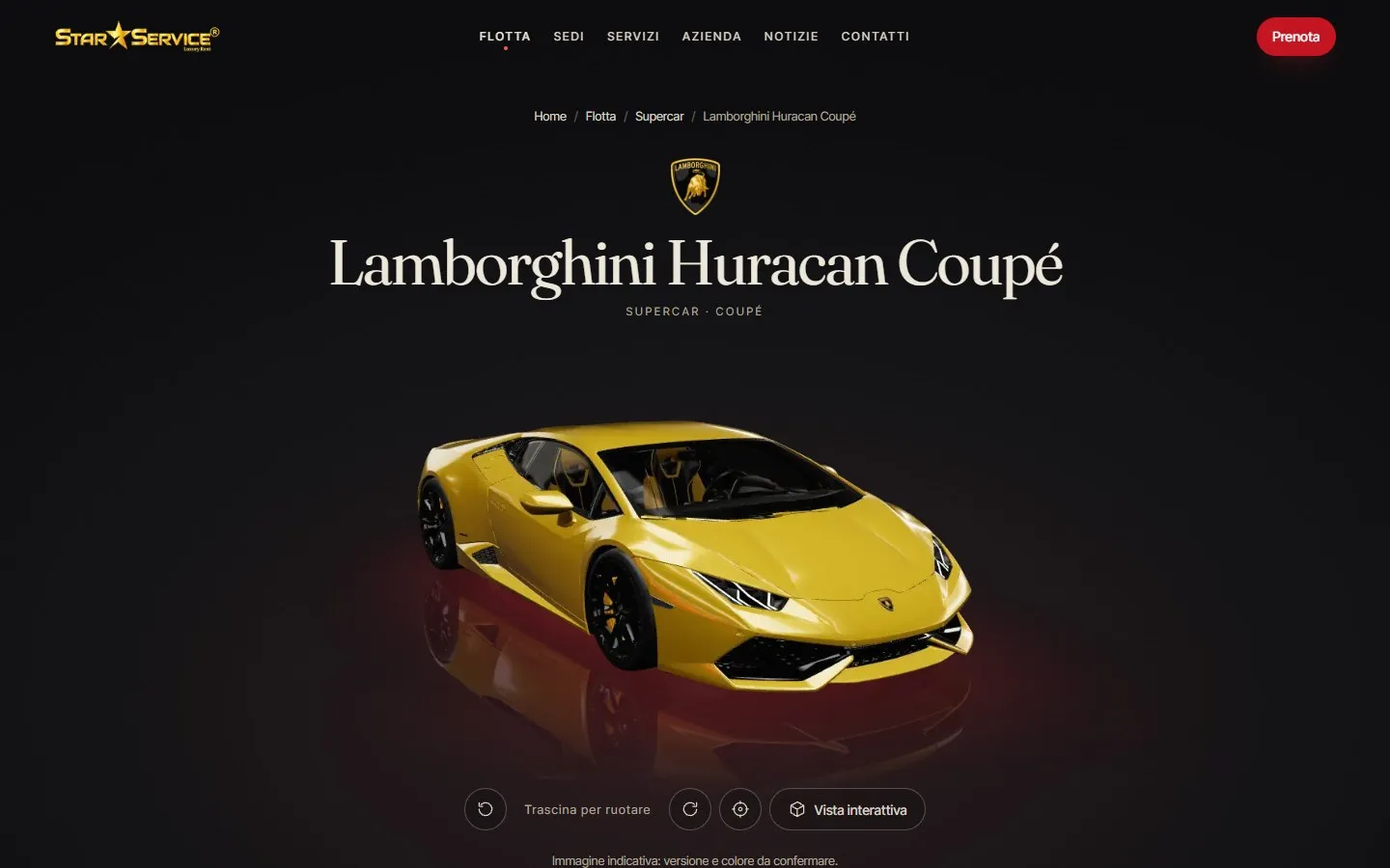 Scheda della Lamborghini Huracan Coupé con lo stemma, il nome in Fraunces e l'auto gialla su fondo nero con il riflesso rosso, sopra i comandi della vista interattiva.