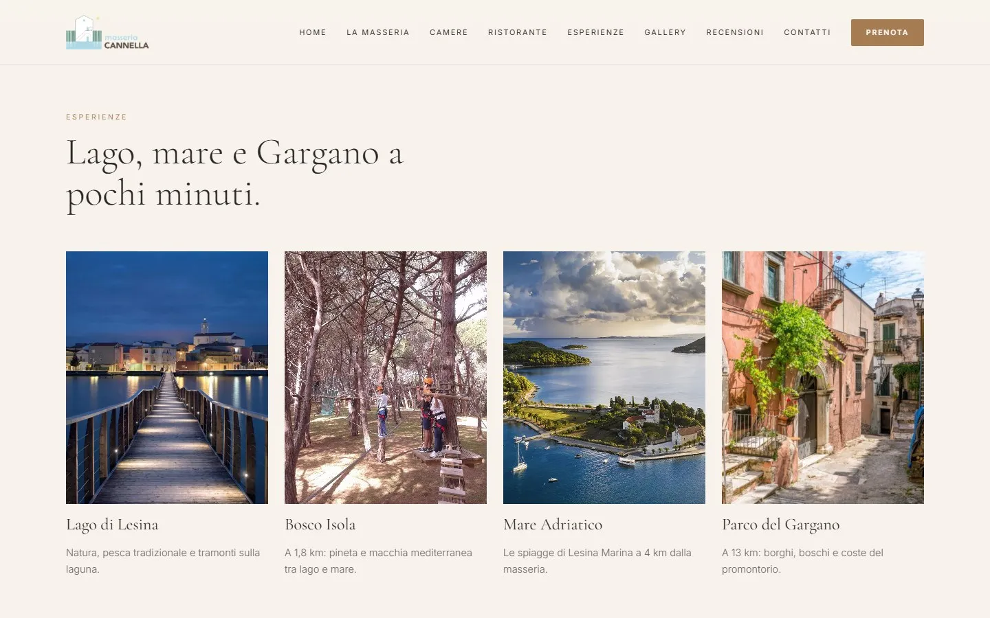 Sezione «Lago, mare e Gargano a pochi minuti» con quattro foto verticali del pontile di Lesina, della pineta, della costa e di un vicolo del Gargano.