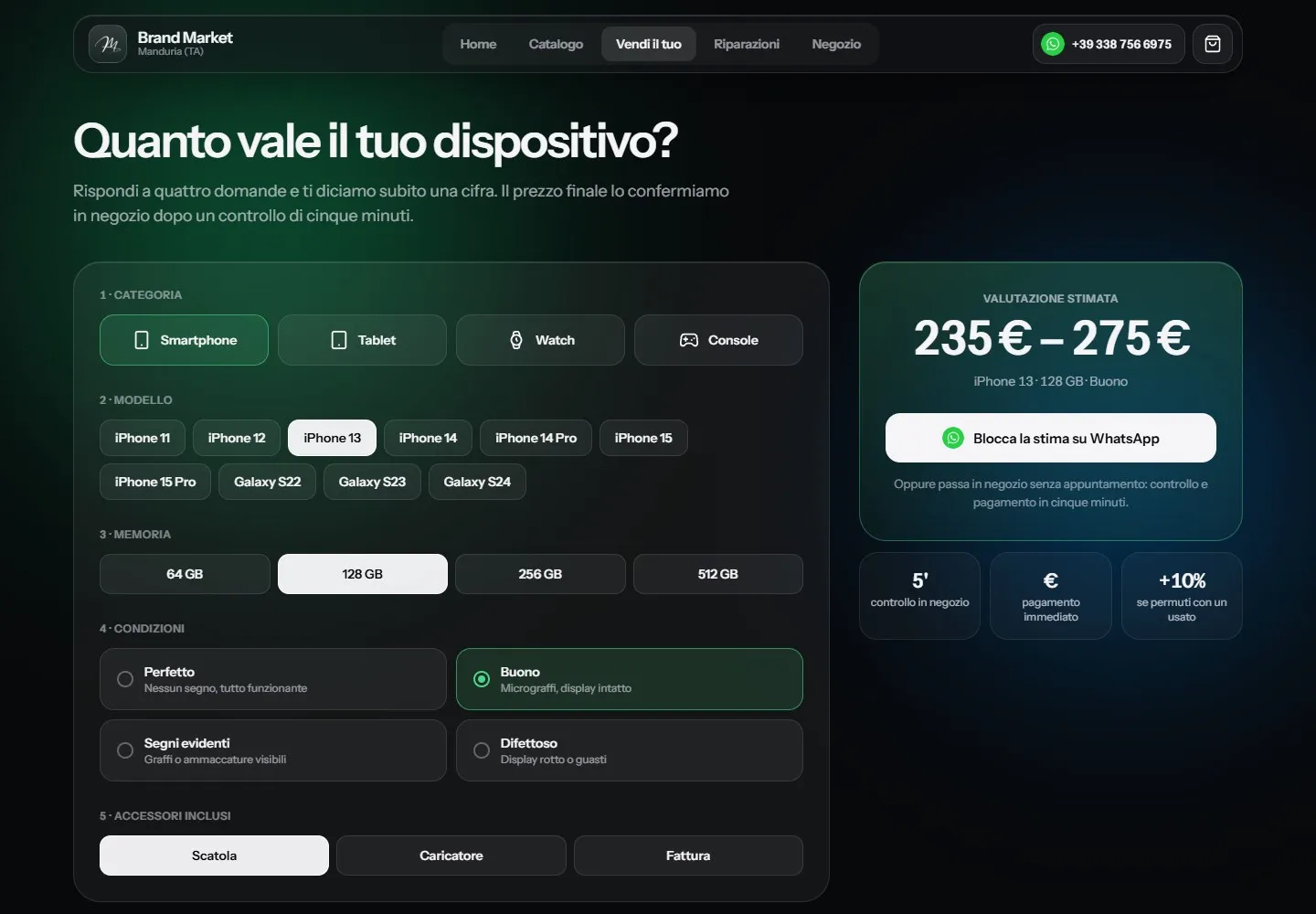 Pagina «Quanto vale il tuo dispositivo?» con cinque gruppi di scelte su fondo scuro e il riquadro della valutazione stimata, da 235 a 275 euro.
