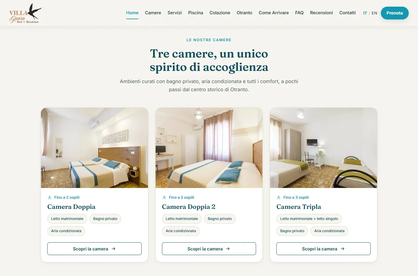 Sezione «Tre camere, un unico spirito di accoglienza» con le schede di Camera Doppia, Camera Doppia 2 e Camera Tripla.