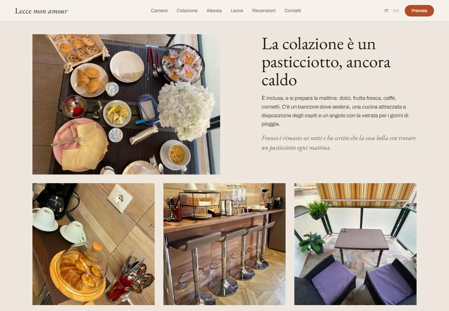 Sezione sulla colazione con una foto dall'alto della tavola apparecchiata, il titolo La colazione è un pasticciotto, ancora caldo e tre foto del bancone e della veranda.