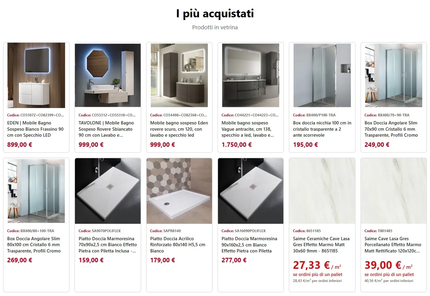 Griglia «I più acquistati» con dodici prodotti fra mobili bagno, box doccia, piatti doccia e piastrelle, ognuno con codice, nome e prezzo in rosso.