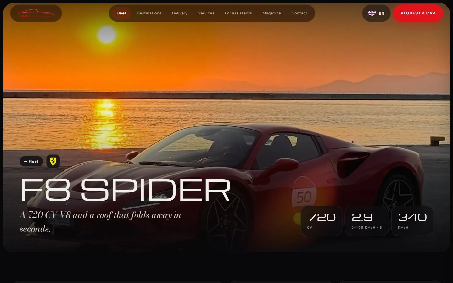Pagina della Ferrari F8 Spider con l'auto rossa al tramonto sul mare, il titolo «F8 Spider» e i riquadri con 720 cavalli, 2,9 secondi e 340 km/h.