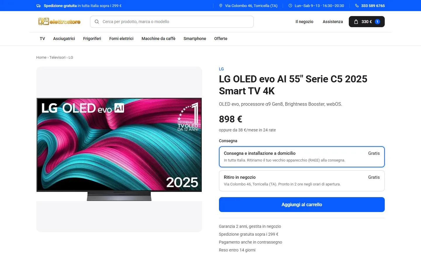 Scheda del televisore LG OLED evo 55 pollici con la foto, il prezzo di 898 euro, la rata in 24 mesi e due opzioni di consegna, a domicilio con installazione o ritiro in negozio.