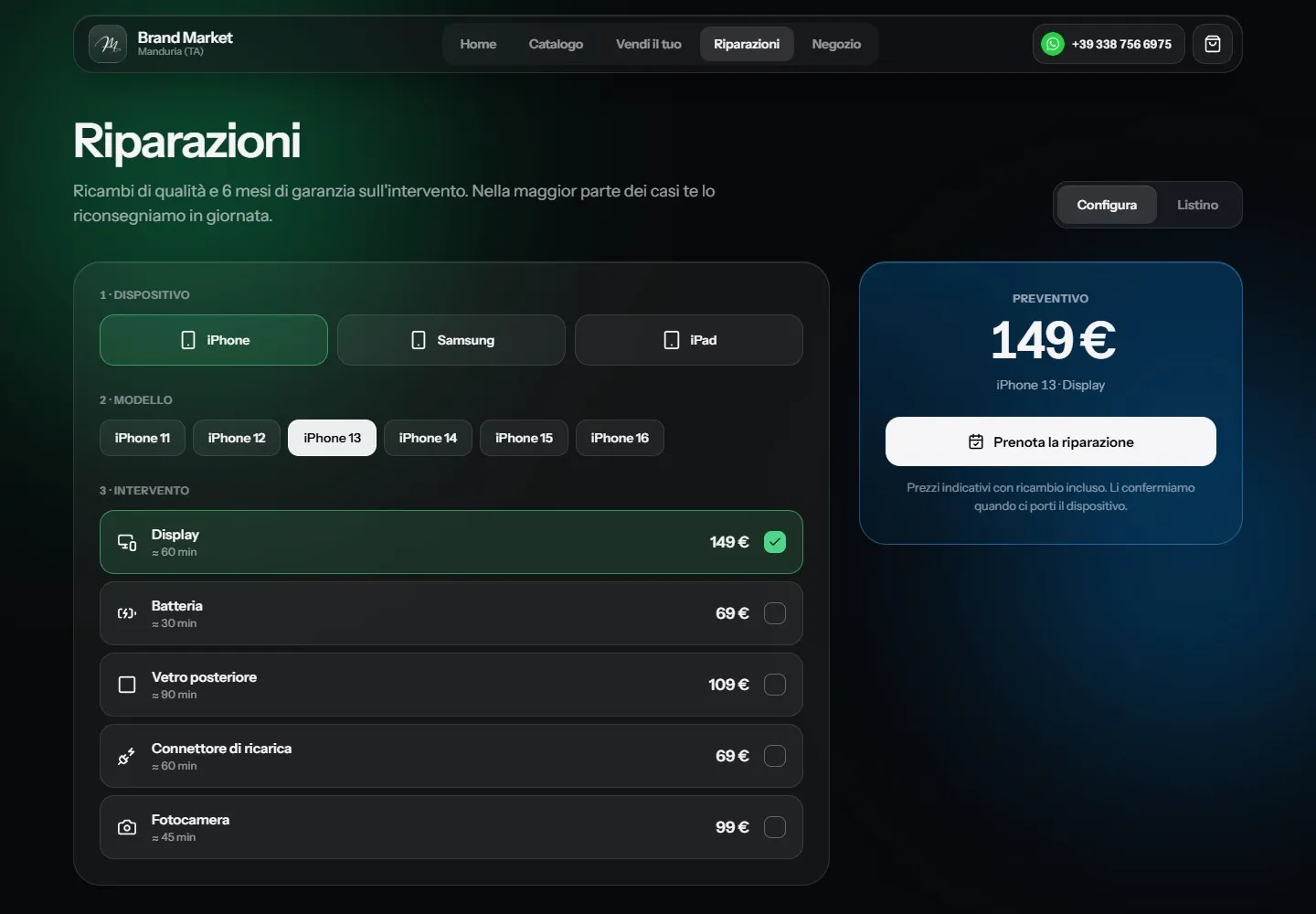 Pagina Riparazioni con la scelta fra iPhone, Samsung e iPad, i modelli, cinque interventi con prezzo e durata e il riquadro blu del preventivo di 149 euro.