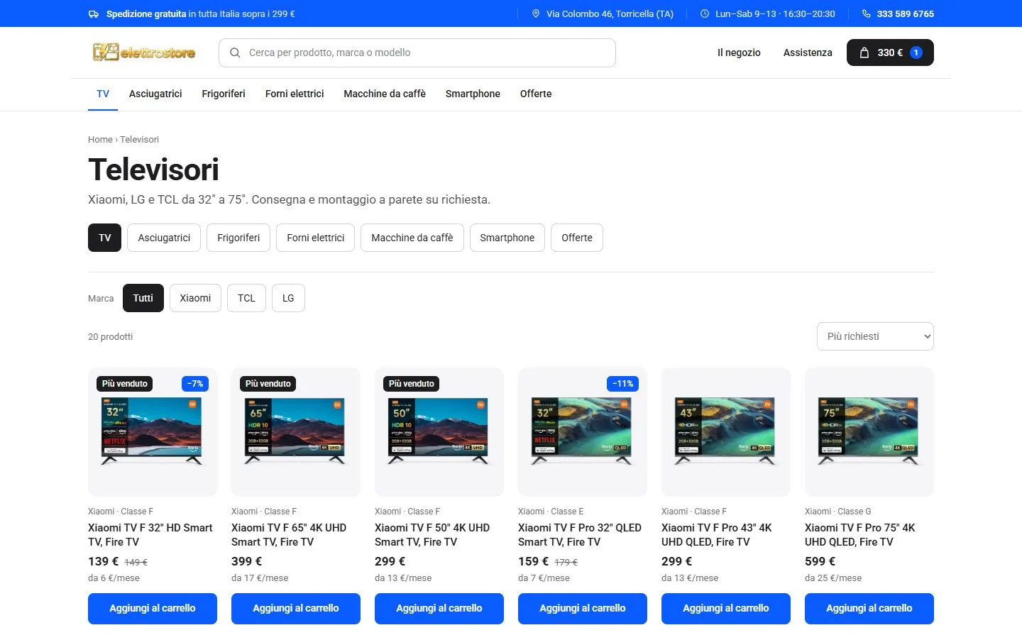 Reparto Televisori con il filtro per marca fra Xiaomi, TCL e LG, venti prodotti e sei televisori in fila con etichette di sconto.