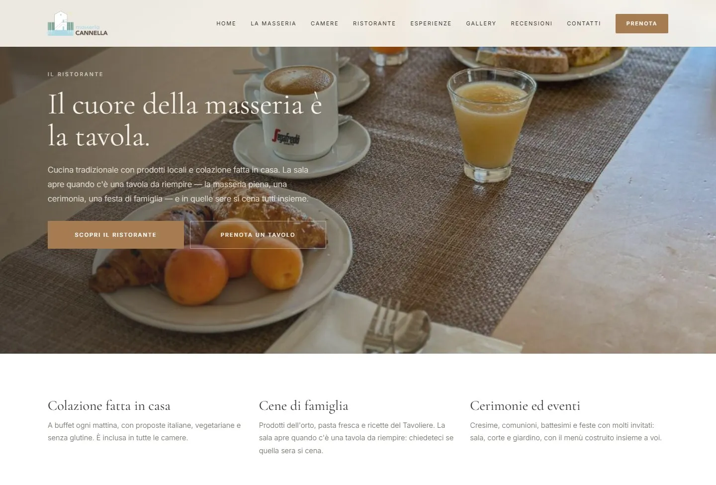 Fascia «Il cuore della masseria è la tavola» sopra una foto della colazione, con sotto tre colonne su colazione, cene di famiglia e cerimonie.