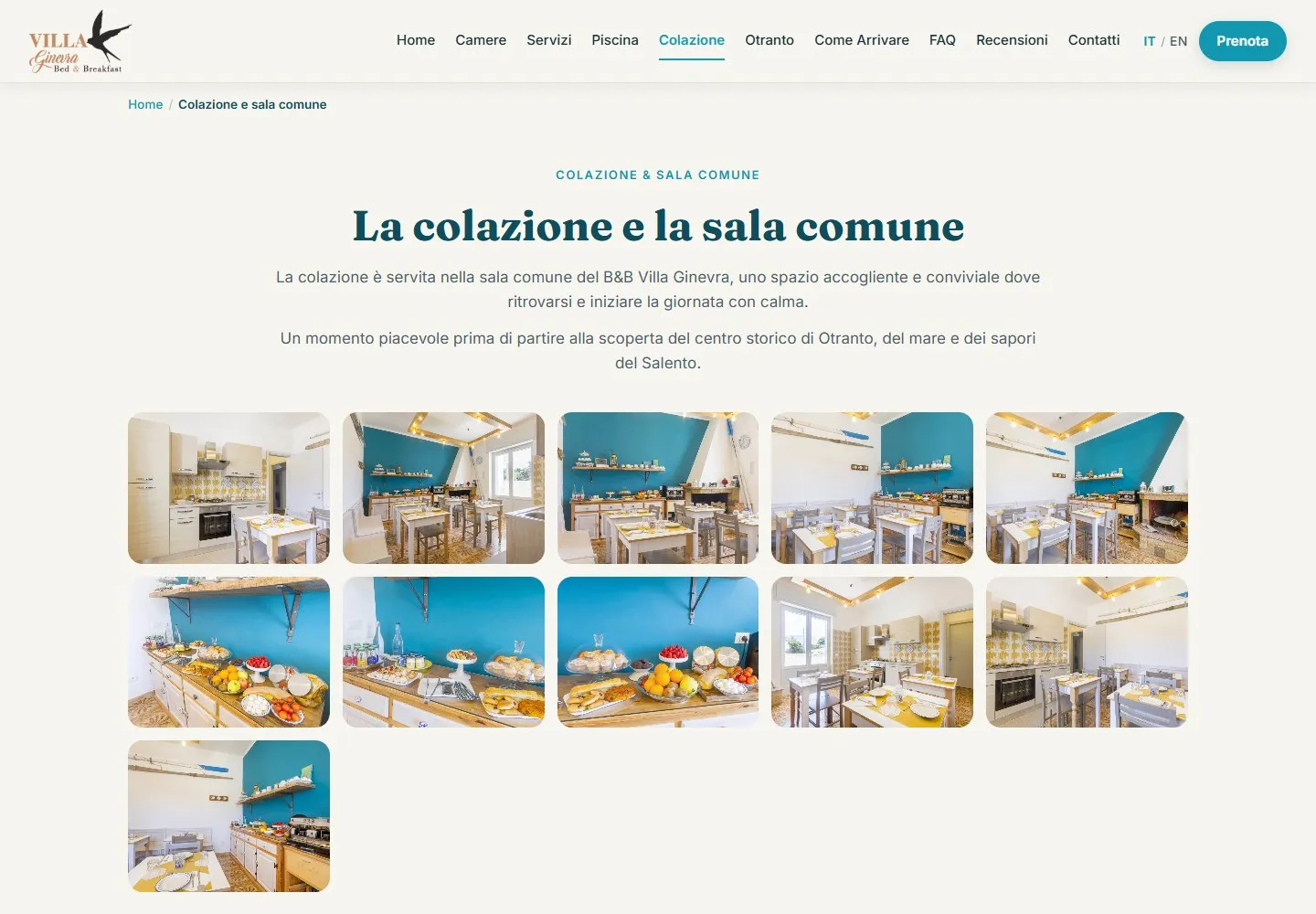 Pagina «La colazione e la sala comune» con undici foto della sala con la parete azzurra e del buffet.