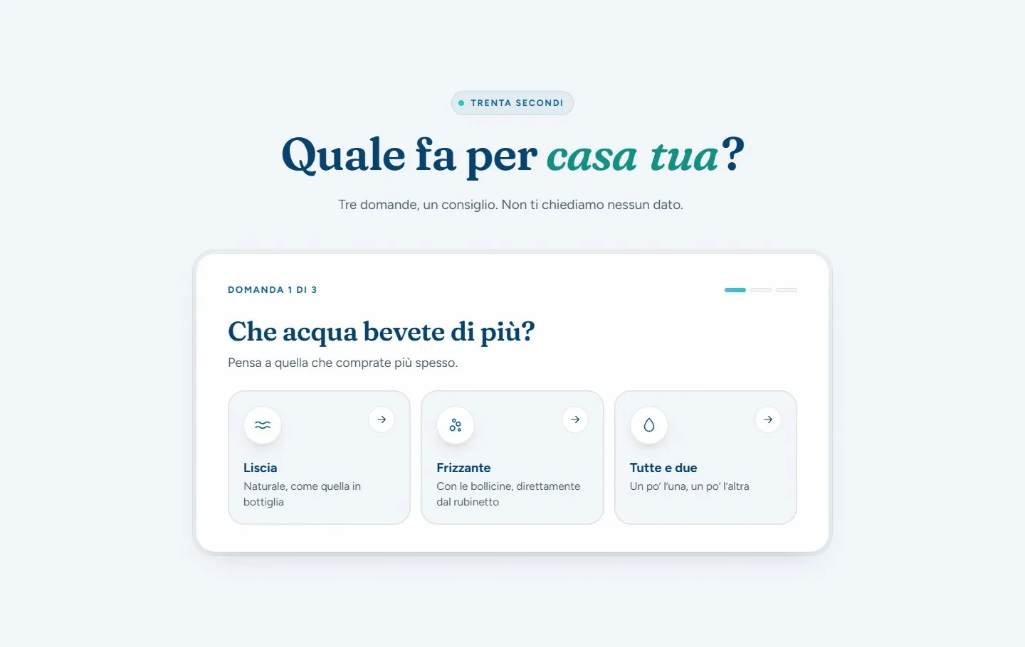Quiz «Quale fa per casa tua?» alla prima domanda, «Che acqua bevete di più?», con tre scelte fra liscia, frizzante o tutte e due.