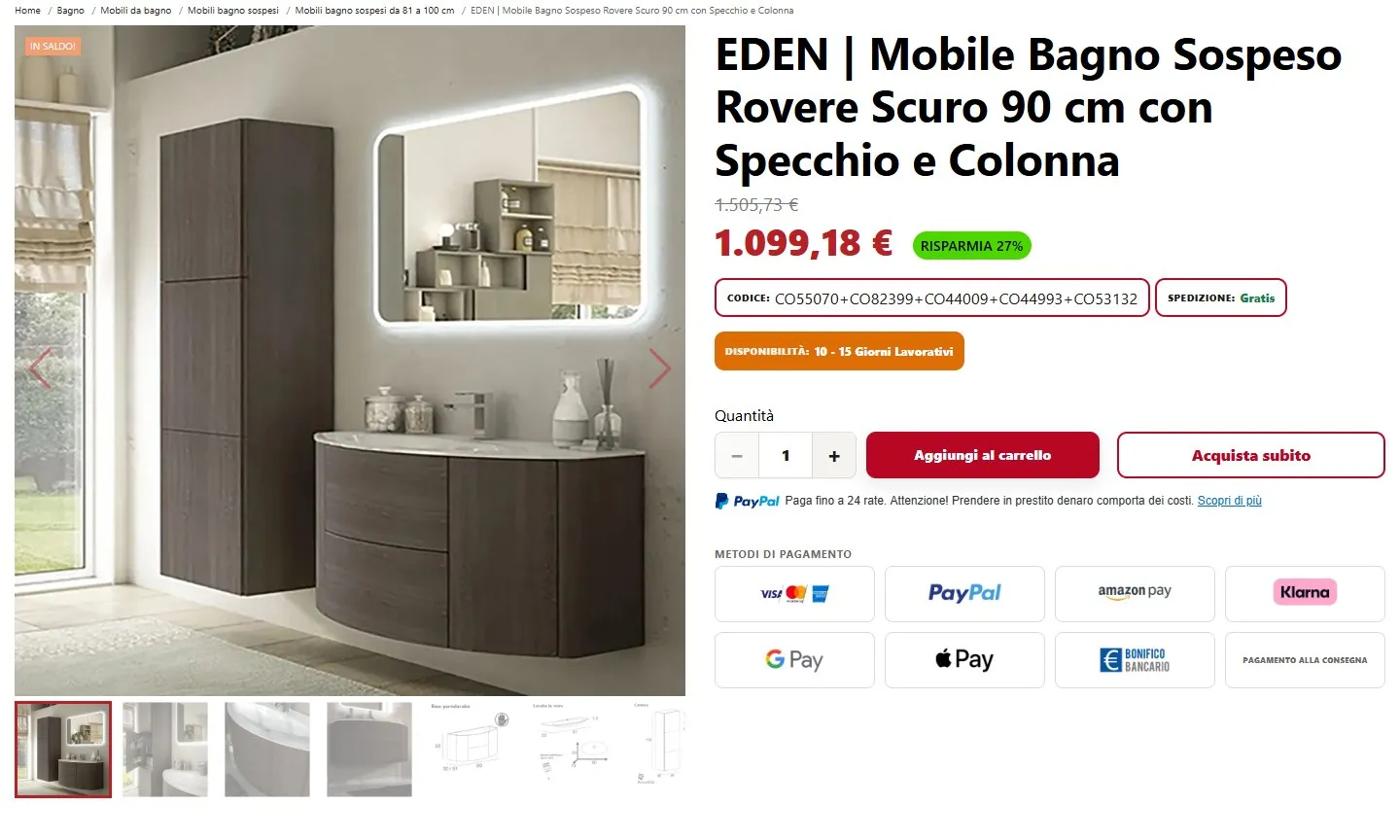 Scheda del mobile bagno EDEN con la foto grande, le miniature, il prezzo scontato, la disponibilità in giorni lavorativi, i pulsanti di acquisto e otto riquadri dei metodi di pagamento.