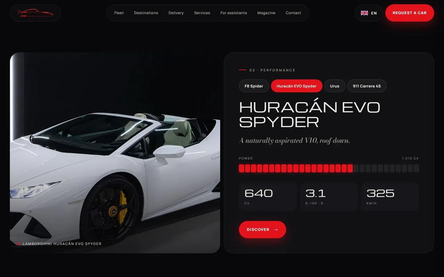 Sezione delle prestazioni con la Huracán EVO Spyder bianca a sinistra e a destra le schede delle auto, la barra rossa della potenza e i valori 640, 3,1 e 325.