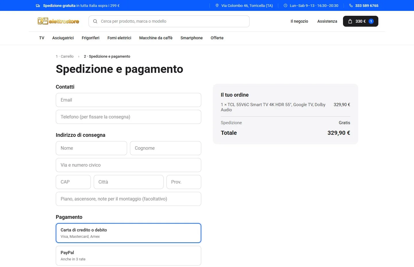 Pagina Spedizione e pagamento con i campi per contatti e indirizzo a sinistra, il riepilogo dell'ordine a destra e le prime due opzioni di pagamento.
