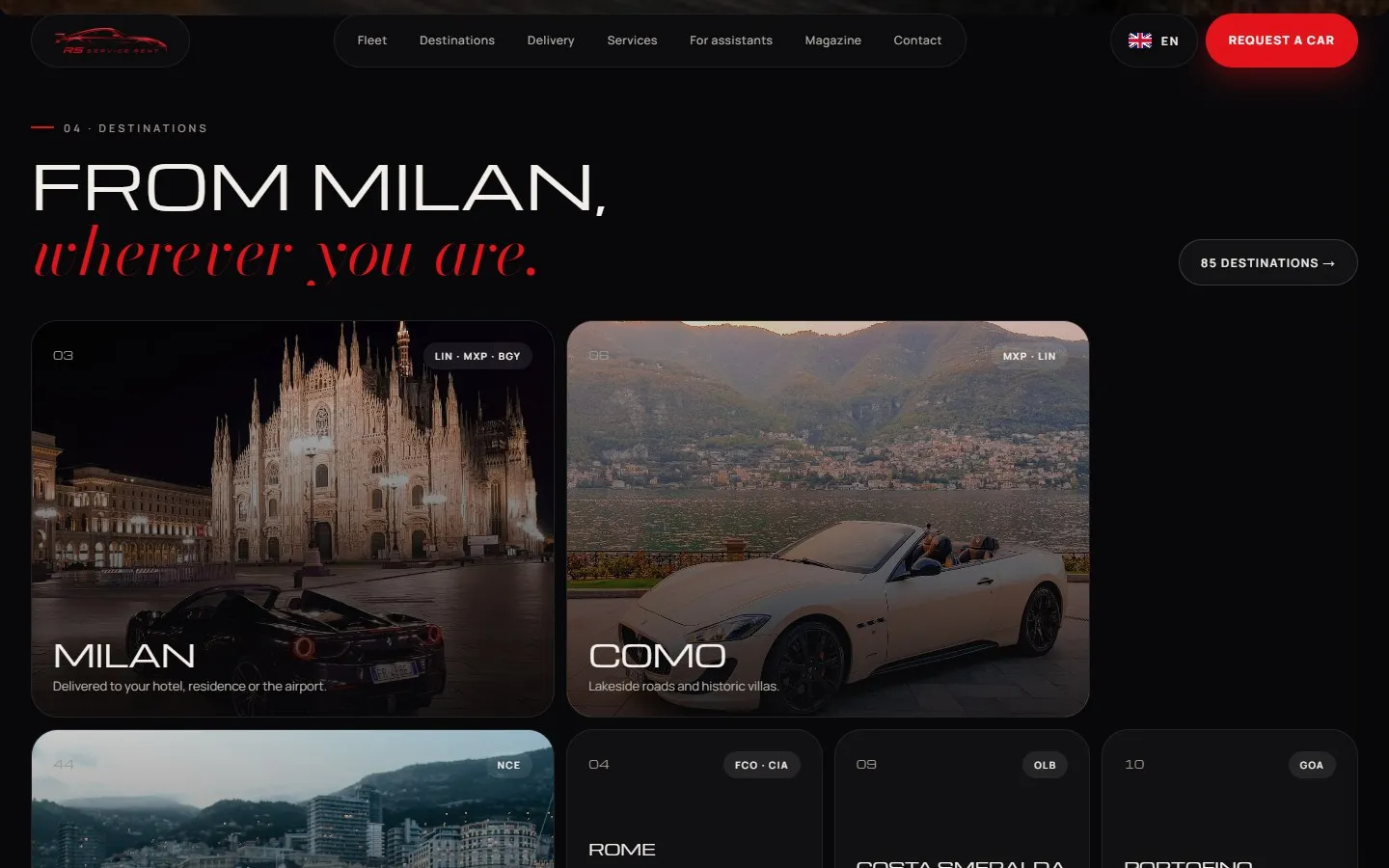 Sezione «From Milan, wherever you are» con le foto del Duomo di Milano e del lago di Como, ciascuna con un'auto e le sigle degli aeroporti vicini.