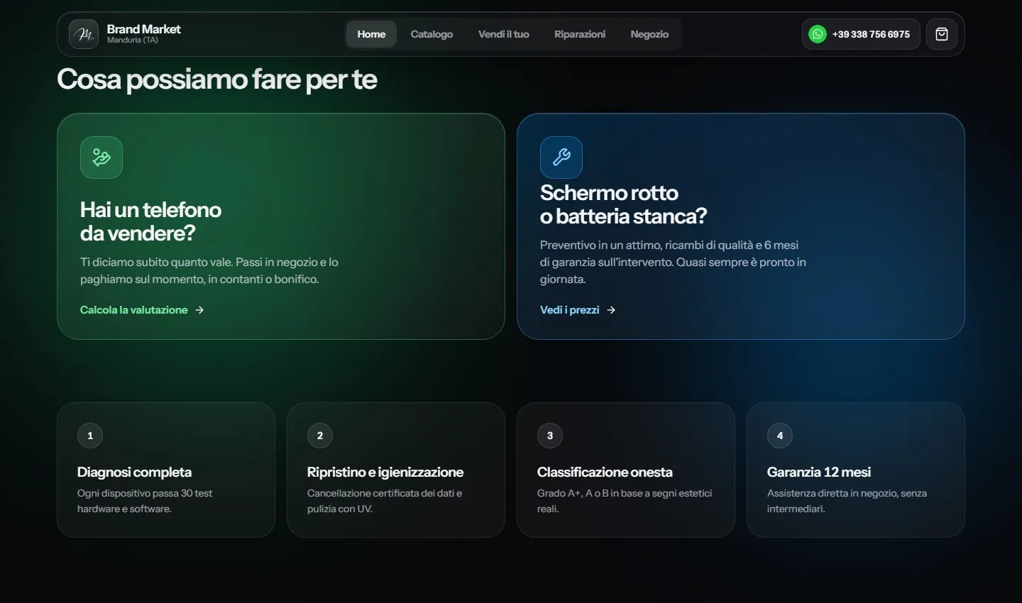 Sezione «Cosa possiamo fare per te» con una scheda verde per vendere il telefono, una blu per le riparazioni e quattro passi numerati sul controllo dei dispositivi.