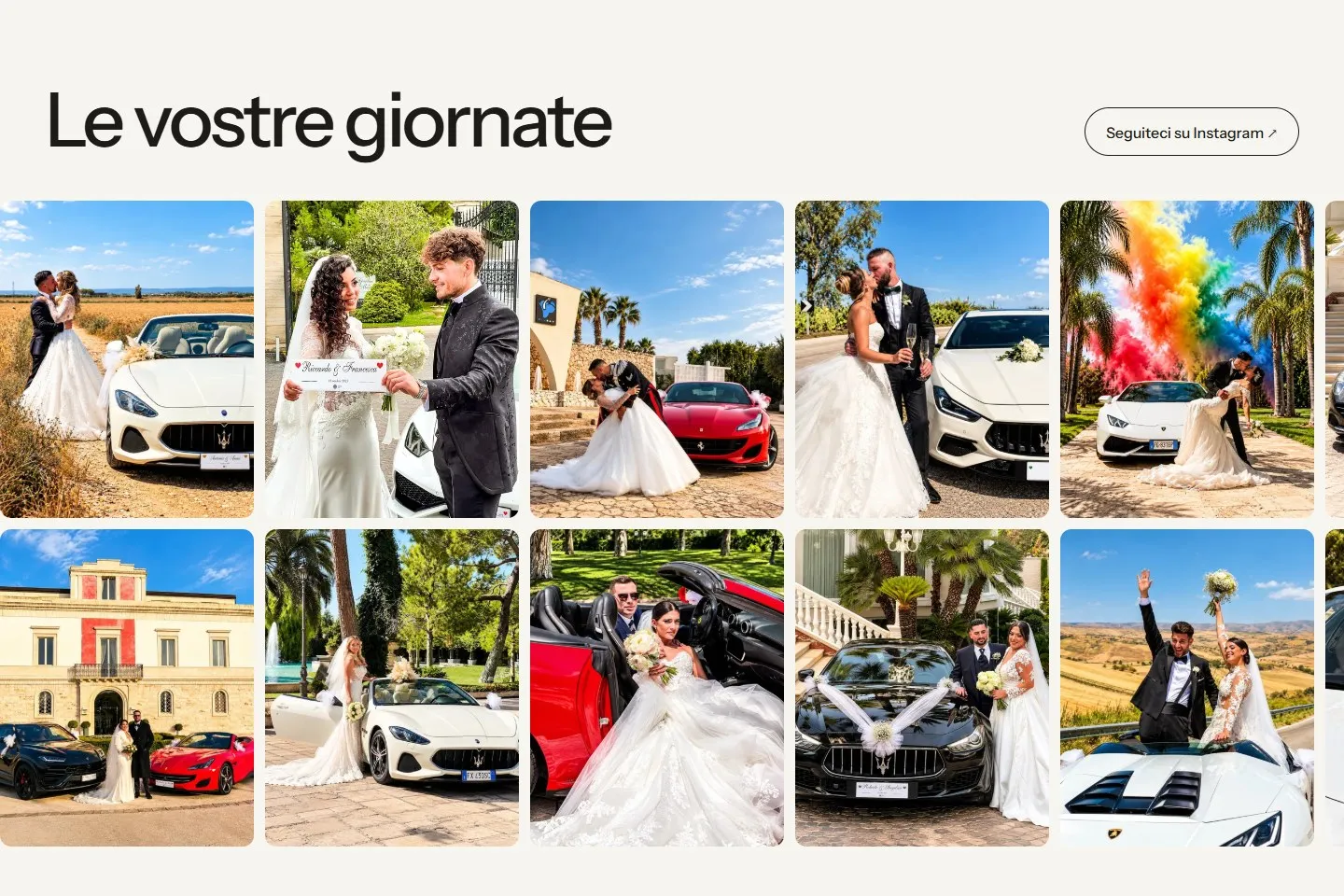 Sezione «Le vostre giornate» con due file di foto quadrate di sposi e auto, tra fumi colorati, ville e campagna.
