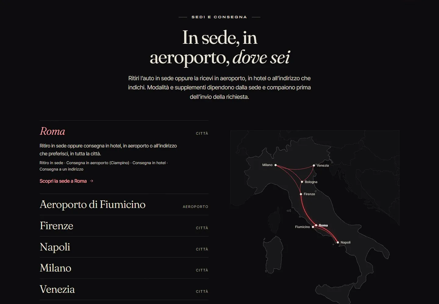 Sezione «In sede, in aeroporto, dove sei» con l'elenco delle sedi a sinistra e la mappa d'Italia a destra, con le linee rosse dei trasferimenti tra le città.