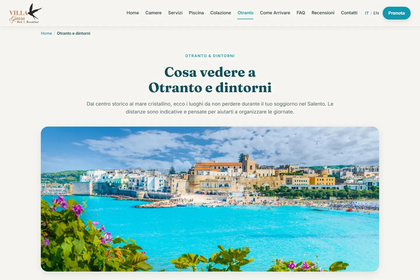 Pagina «Cosa vedere a Otranto e dintorni» con il titolo centrato e una grande foto con angoli arrotondati del porto di Otranto.