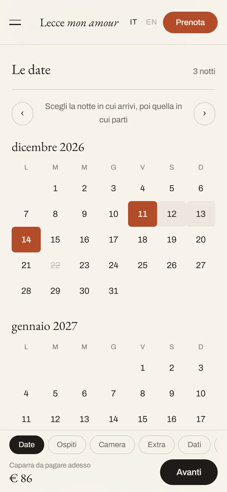Prenotazione sul telefono, con il calendario di dicembre, le notti dall'11 al 14 selezionate in rosso mattone e la barra in basso con le tappe e la caparra.