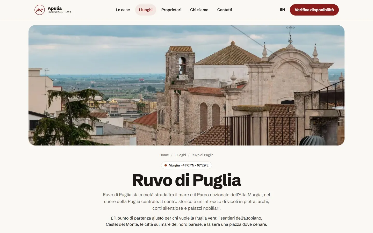 Guida a Ruvo di Puglia, con una foto larga dei tetti e del campanile, il titolo e due paragrafi di presentazione.