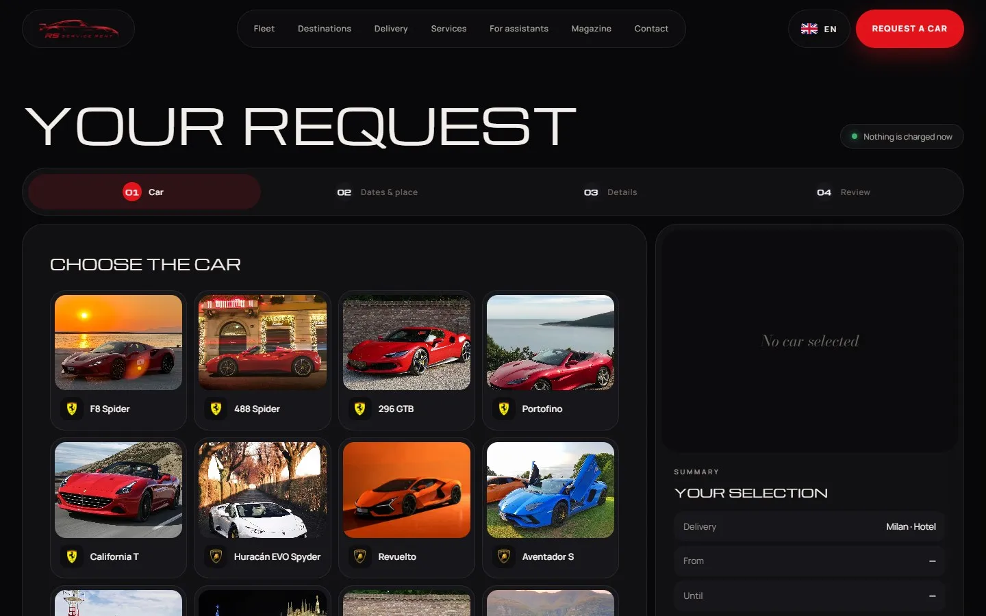 Pagina «Your request» al primo passo, con la griglia delle auto da scegliere e a destra il riepilogo della selezione.