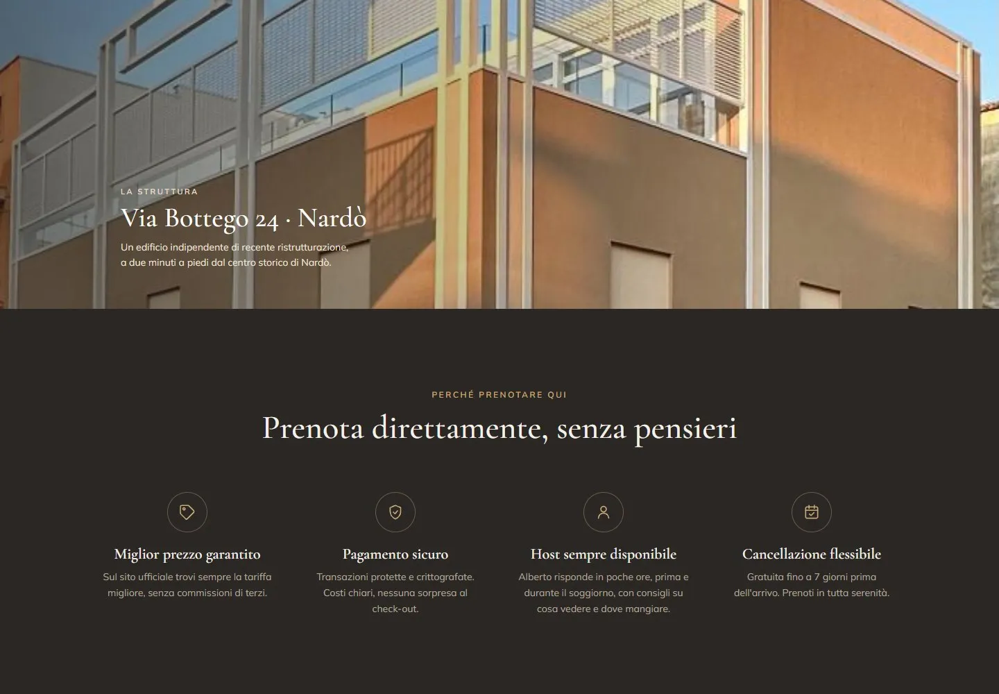Foto della facciata con la scritta «Via Bottego 24, Nardò» e, sotto, la fascia scura «Prenota direttamente, senza pensieri» con quattro icone.