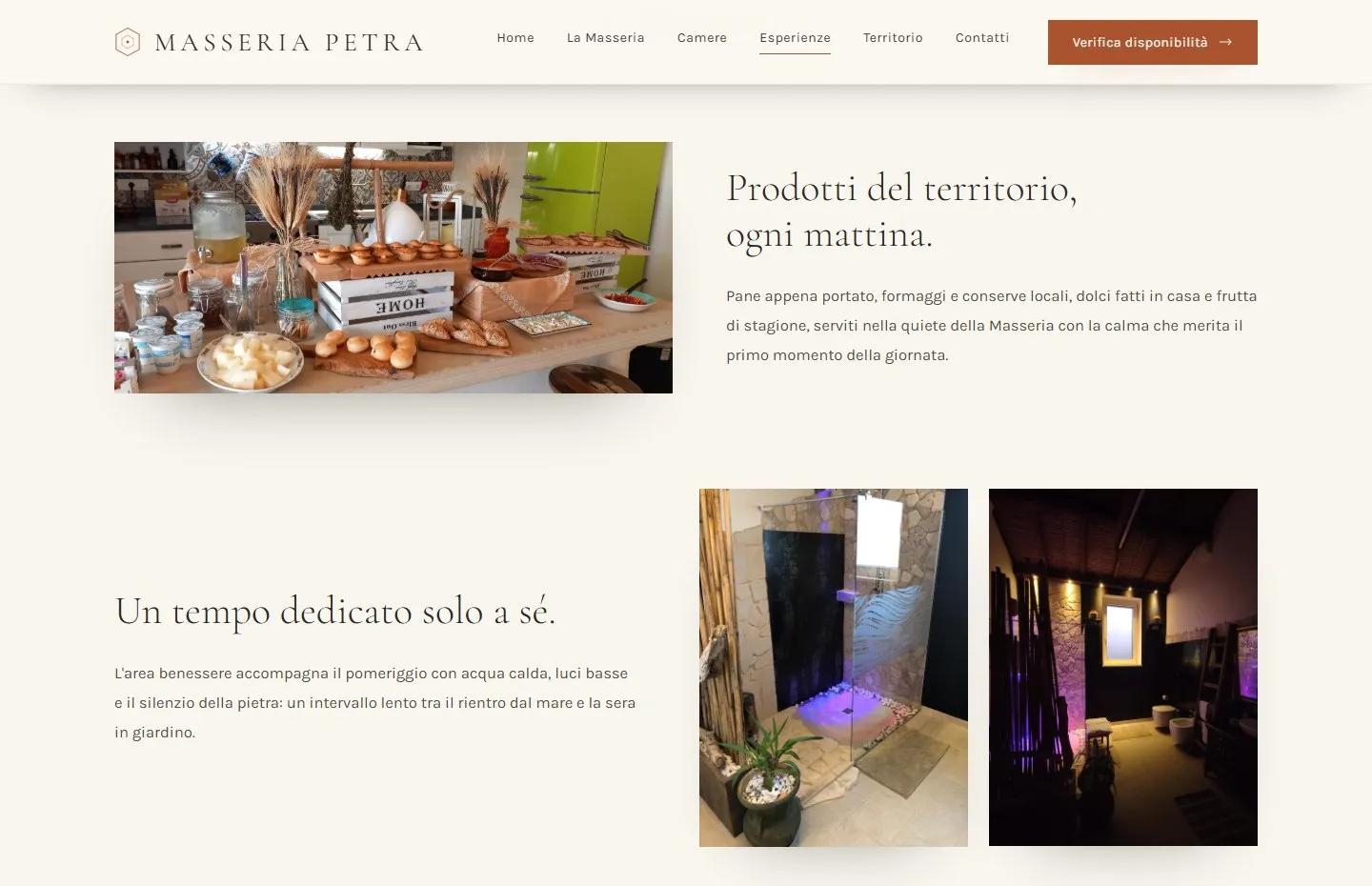 Pagina Esperienze con la colazione su un bancone di legno a sinistra e, sotto, le due foto dell'area benessere con luci viola accanto al testo.