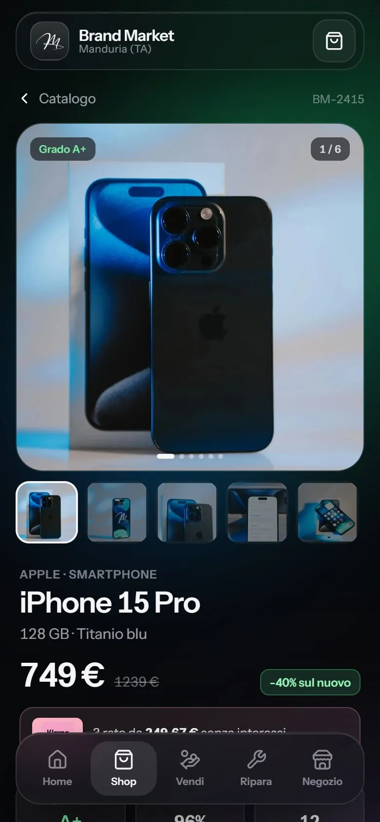 Scheda dell'iPhone 15 Pro su telefono, con la foto a tutta larghezza, le miniature, il nome, il prezzo, lo sconto sul nuovo e le rate Klarna.