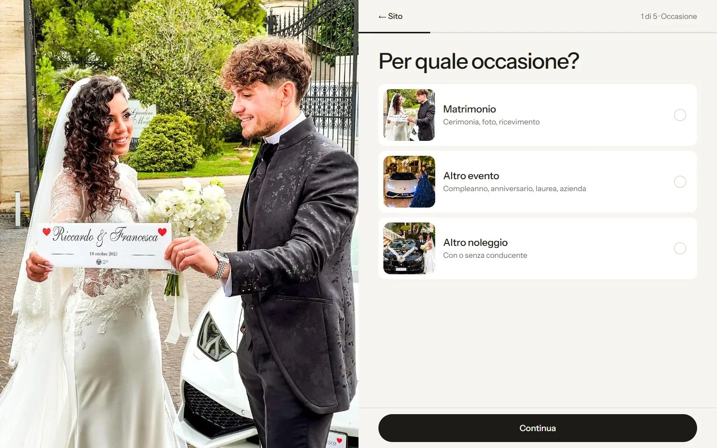 Primo passo del preventivo, «Per quale occasione?», con la foto di due sposi a sinistra e a destra le scelte Matrimonio, Altro evento e Altro noleggio.