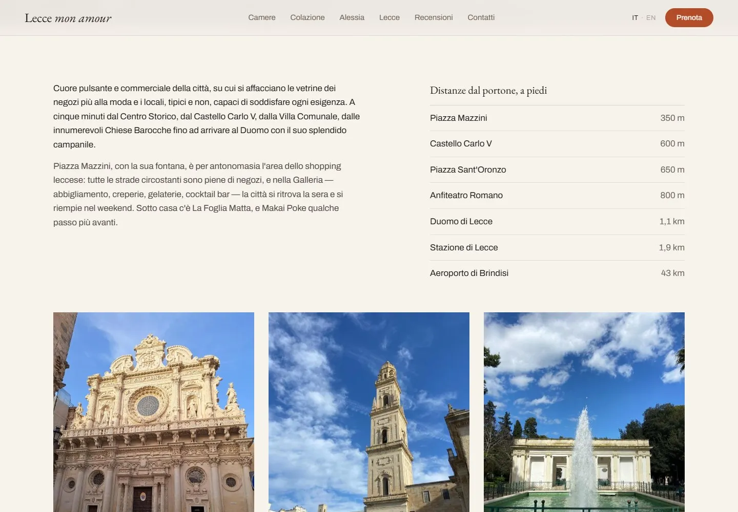 Testo sul quartiere a sinistra, elenco delle distanze dal portone a destra e tre foto di Santa Croce, del campanile del Duomo e di una fontana.