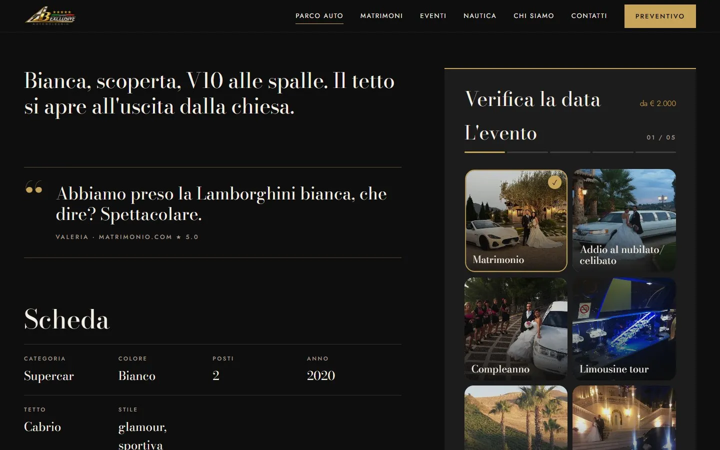 Seconda parte della scheda della Huracán con la descrizione, la scheda tecnica e a destra il riquadro «Verifica la data» con le foto dei tipi di evento.