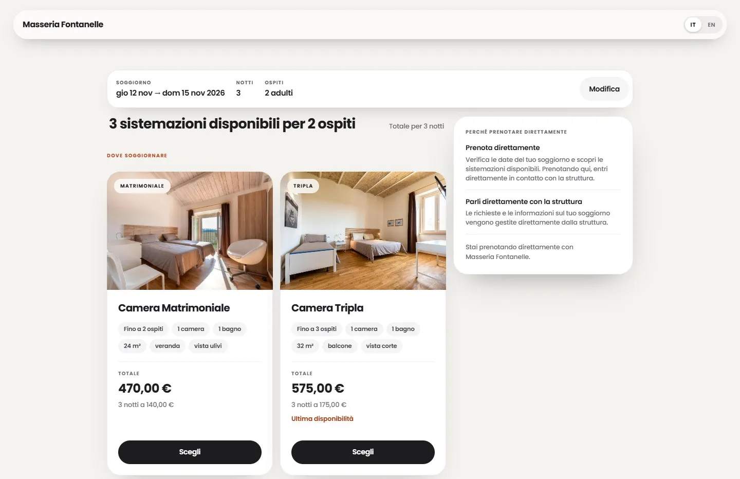 Portale di prenotazione di Masseria Fontanelle con il soggiorno dal 12 al 15 novembre per 2 adulti, il titolo 3 sistemazioni disponibili per 2 ospiti e le schede di Camera Matrimoniale e Camera Tripla con foto, dotazioni e totale per tre notti.